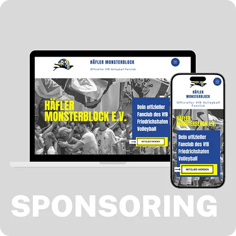 Laptop und Smartphone mit Website des Häfler Monsterblock e.V., gelbes Sponsoring-Label, PIE Marketing Projekt