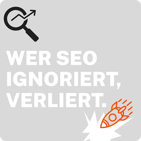 PIE Marketing Blogartikel „Wer SEO ignoriert, verliert“ mit Lupe-Icon, Rakete und SEO-Tipps