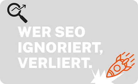 PIE Marketing Blogartikel „Wer SEO ignoriert, verliert“ mit Lupe-Icon, Rakete und SEO-Tipps