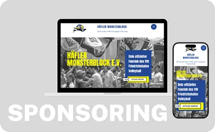Laptop und Smartphone mit Website des Häfler Monsterblock e.V., gelbes Sponsoring-Label, PIE Marketing Projekt