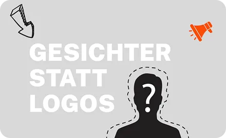 Blogartikel „Gesichter statt Logos“ von PIE Marketing, Silhouette mit Fragezeichen, Pfeil und Megafon-Icon, Branding-Tipp
