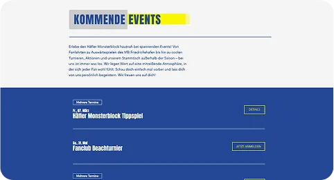 Buchungstool mit kommende Events des Häfler Monsterblock e.V. - offizieller Fanclub des VfB Friedrichshafen