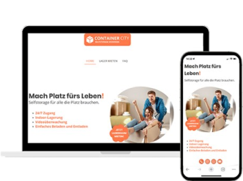 Container City Website auf Laptop und Smartphone mit Slogan „Mach Platz fürs Leben!“