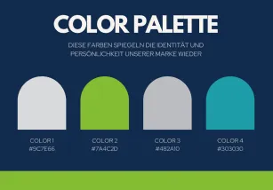 Farbschema mit vier Markenfarben und HEX-Codes, Beispiel für Branding & Marketing