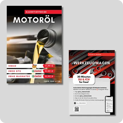 Zwei Flyer mit Motoröl- und Werkzeugwagen-Angeboten, professionelles Flyer Designen lassen für Printprodukte