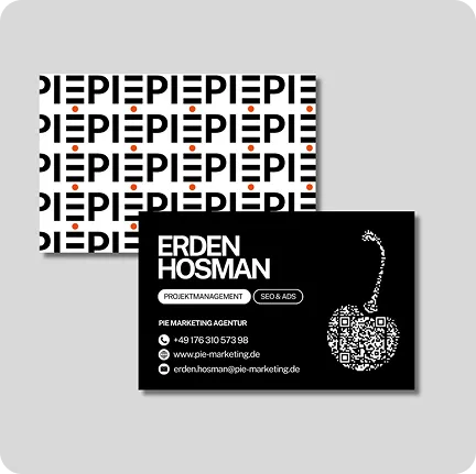 Schwarze Visitenkarte mit PIE Marketing Logo, modernes Printdesign für Printprodukte und Geschäftsausstattung