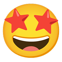 Grinsender, gelber Smiley mit zwei roten Sternen als Augen